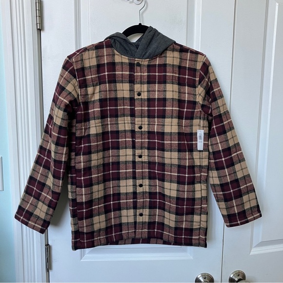 Old Navy Burgundy Plaid Snap Button Hooded Shacket Boys XL - Picture 2 of 5